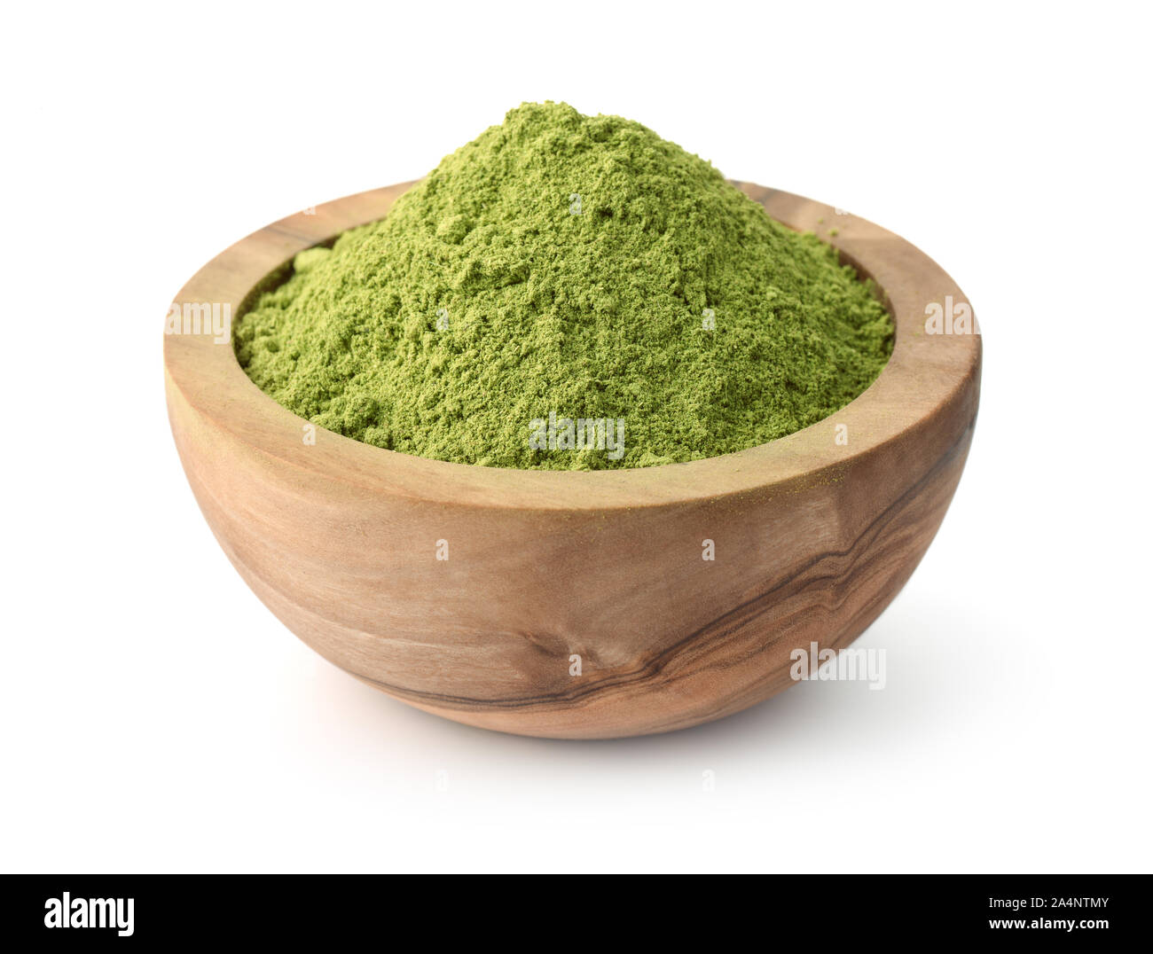 Ciotola di legno di henna polvere isolata su bianco Foto Stock