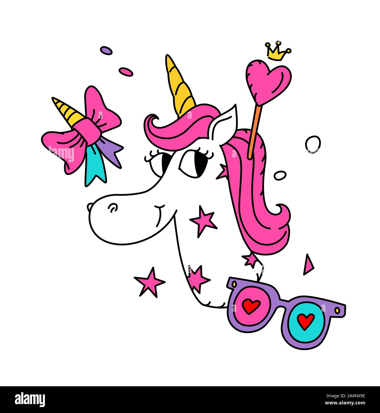 Illustrazione di un magico unicorn con una rosa mane. Vettore. Eroe Cartoon carino a cavallo con un avvisatore acustico. Kawaii carattere. Mitica creatura, simboleggia chast Illustrazione Vettoriale