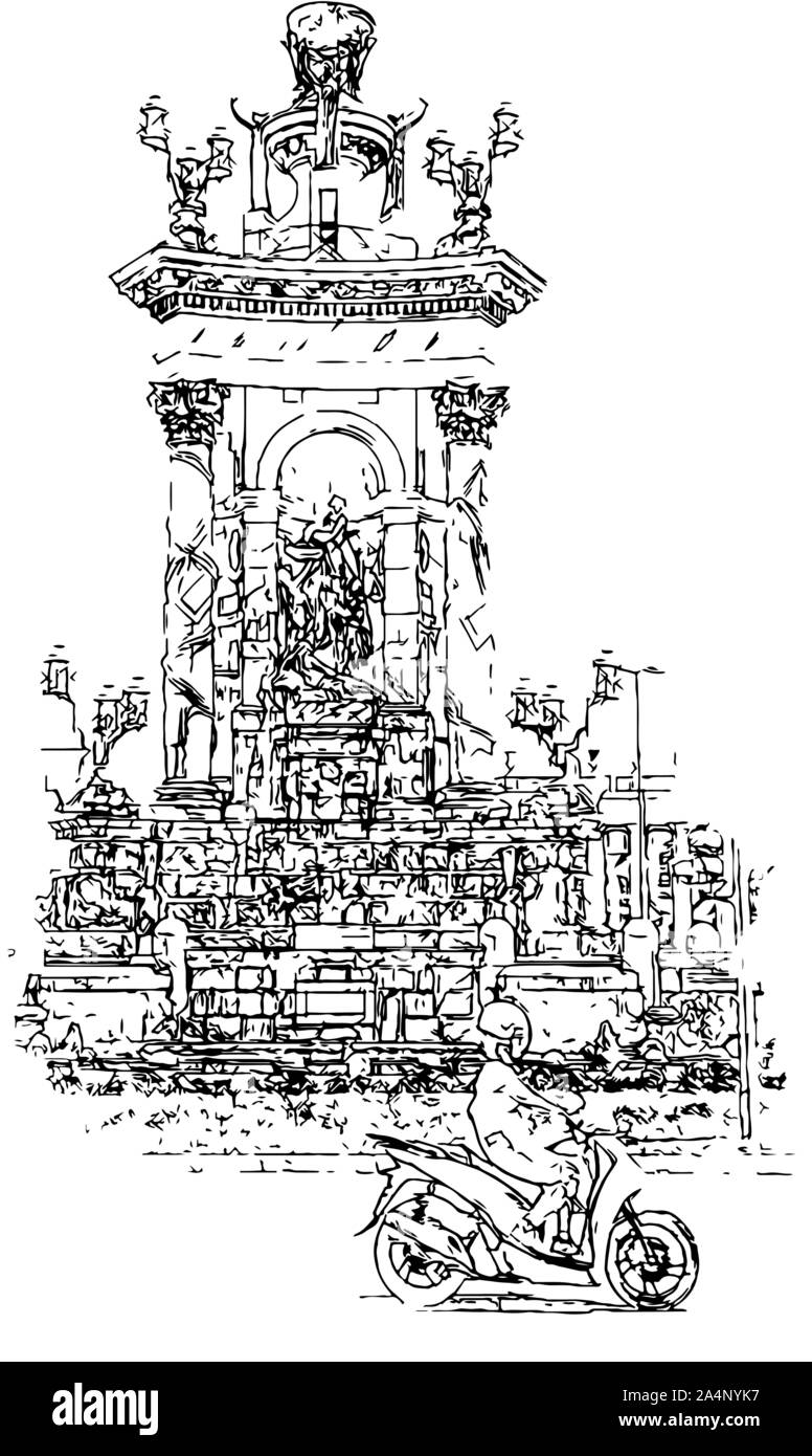 Schizzo di vettore di Barcellona, Spagna. Plaza de Espana illustrazione. Un uomo su uno scooter sottolinea la continuità della storia e modernità Illustrazione Vettoriale