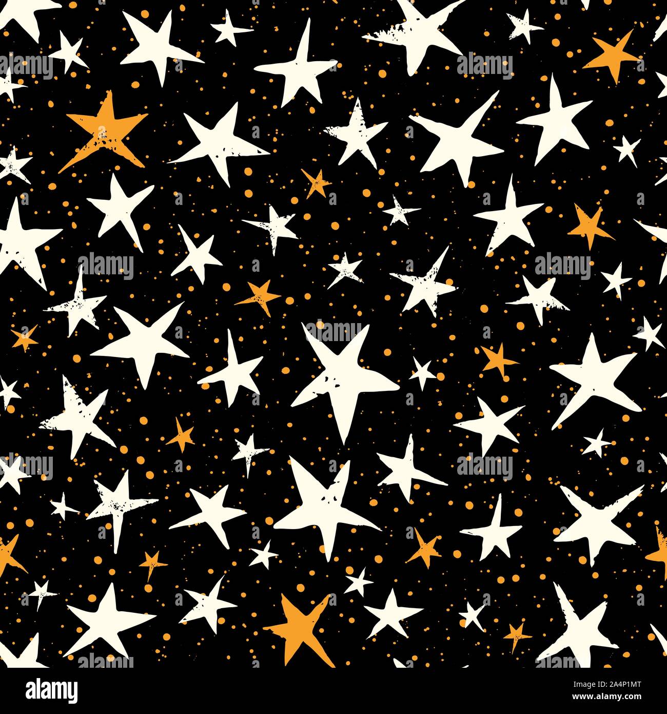 Linocut Bianco e Giallo stelle sul cielo nero Vector Seamless Pattern. Natale stampati a mano sullo sfondo. Stellato vacanza invernale Stampa. La mezzanotte ora. Illustrazione Vettoriale