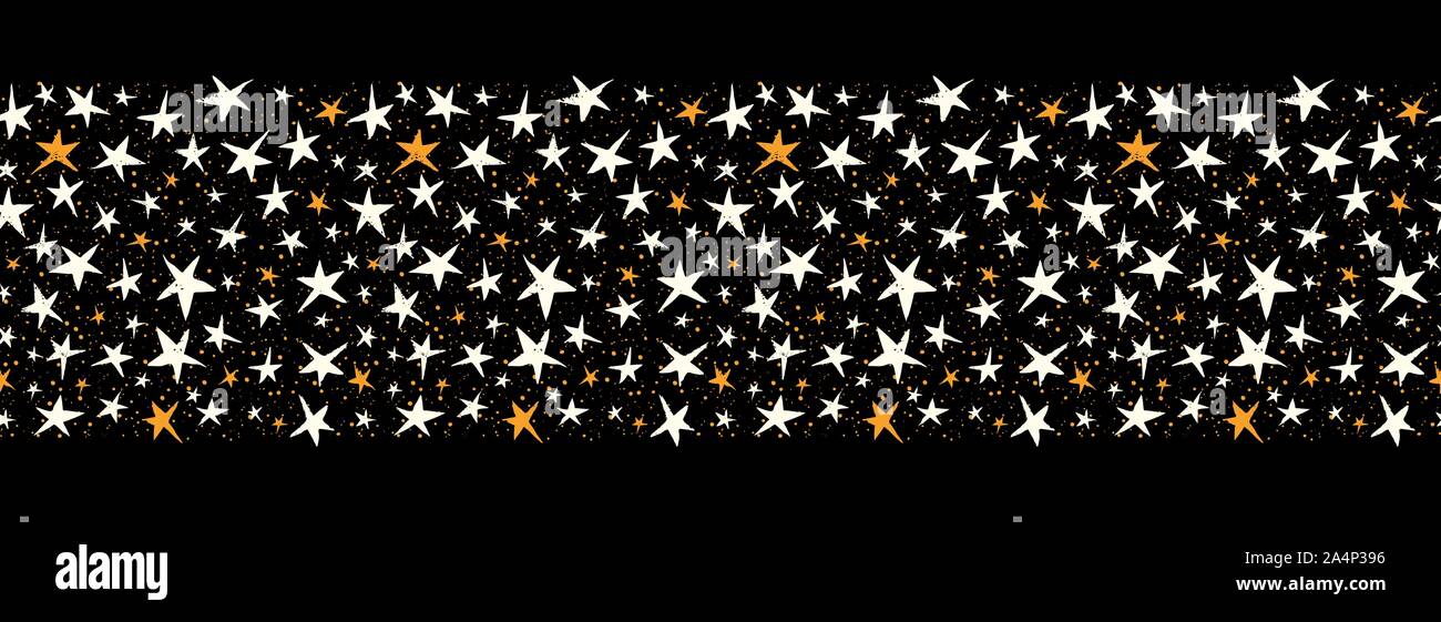 Linocut bianco e stelle di colore giallo su Nero Sky vettore orizzontale Seamless Pattern di confine. Natale stampati a mano sullo sfondo. Stellato vacanza invernale Stampa. Illustrazione Vettoriale