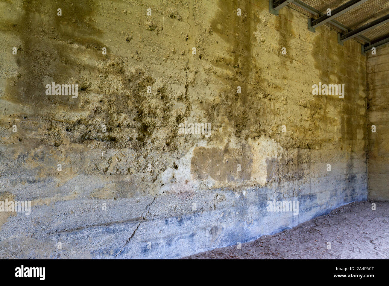 Fori di proiettile nella ex mitragliatrice e riprese a pistola stand dove prigionieri sovietici sono stati eseguiti, SS-Tiro Hebertshausen, Dachau, Germania. Foto Stock