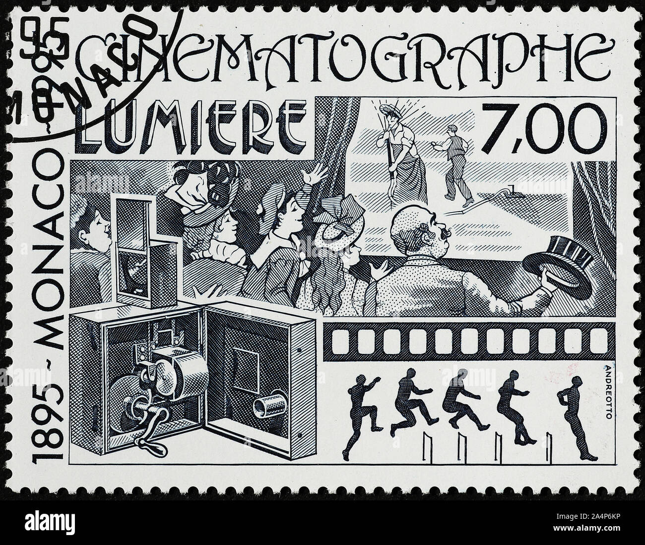 Cinematografo dei fratelli Lumiere sul francobollo Foto Stock