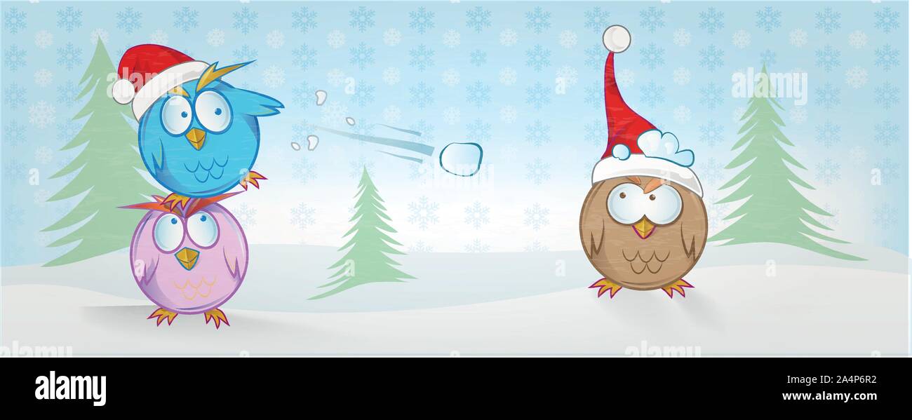 Funny owl cartoon sul banner di natale . sfondo di Natale Illustrazione Vettoriale
