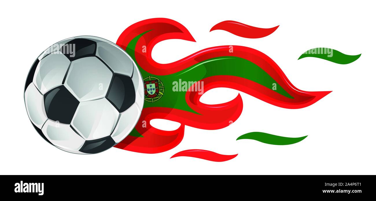 Pallone da calcio sul fuoco con la bandiera del Portogallo. illustrazione Illustrazione Vettoriale