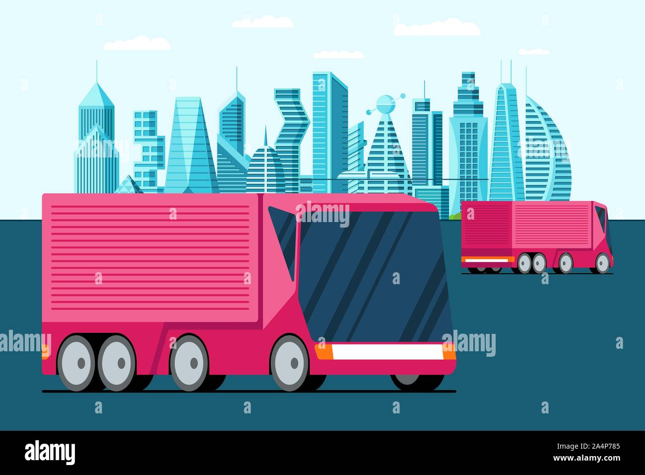 Trasporto autonomo senza conducente senza equipaggio veicolo di camion rosa sulla futura metropoli strada della città. Immagine vettoriale intelligente del rimorchio urbano eco-compatibile. Concetto di trasporto moderno Illustrazione Vettoriale