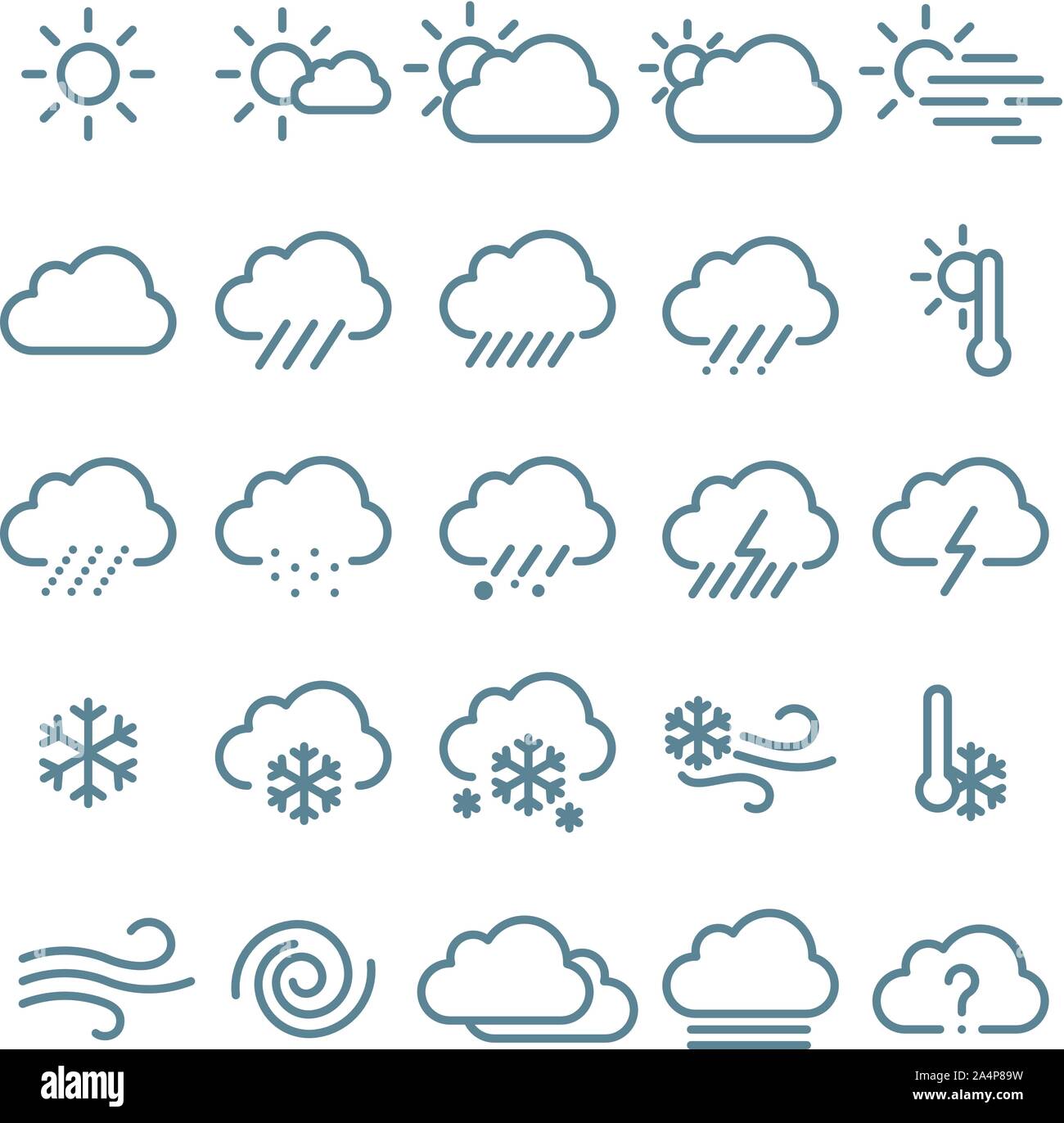 Linea sottile icona meteo set. Illustrazione Vettoriale