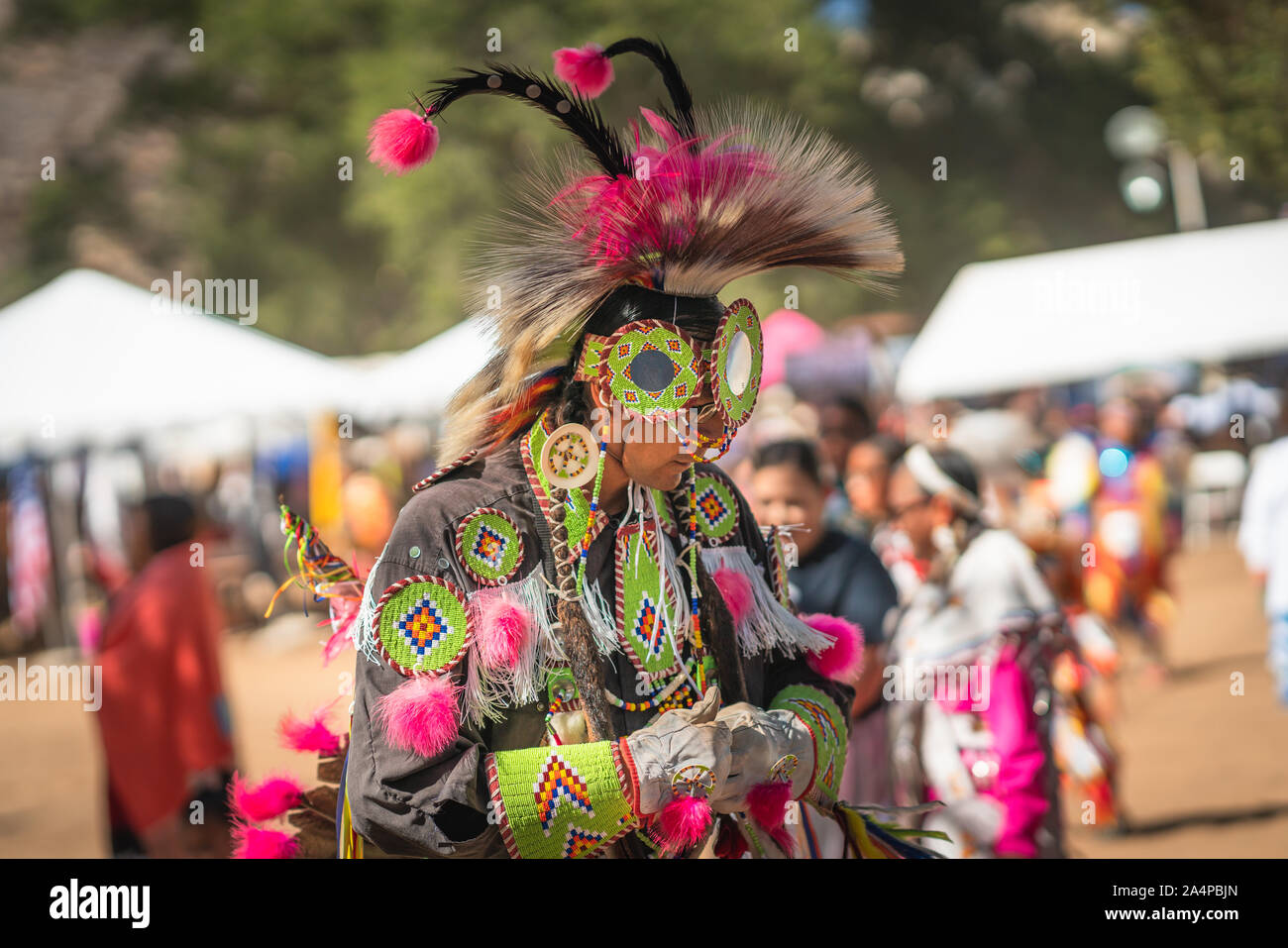 Pow Wow in Santa Barbara County, Grand Entry. Ritratto di nativi americani in piena regalia Foto Stock