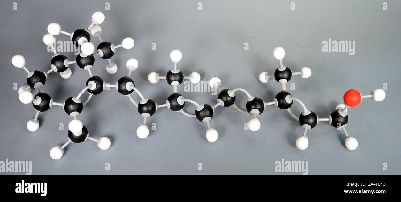 Modello di molecola di vitamina A. Il bianco è idrogeno, il nero di carbonio è il rosso è ossigeno, White è idrogeno, il nero di carbonio, e il rosso è ossigeno. Foto Stock