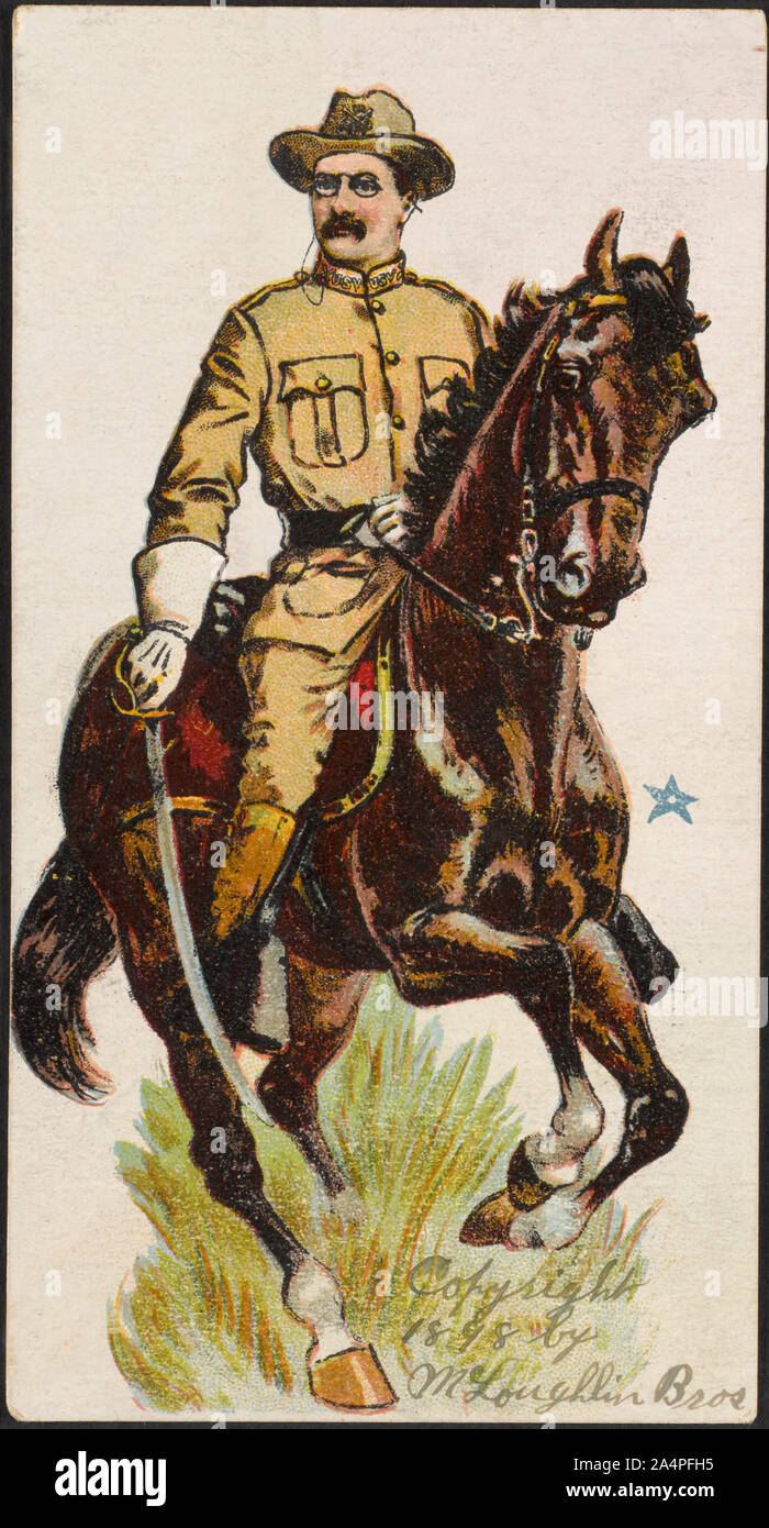 Theodore Roosevelt, in uniforme a cavallo, la Spada, Litografia a colori illustrazione di McLoughlin Bros, 1898 Foto Stock