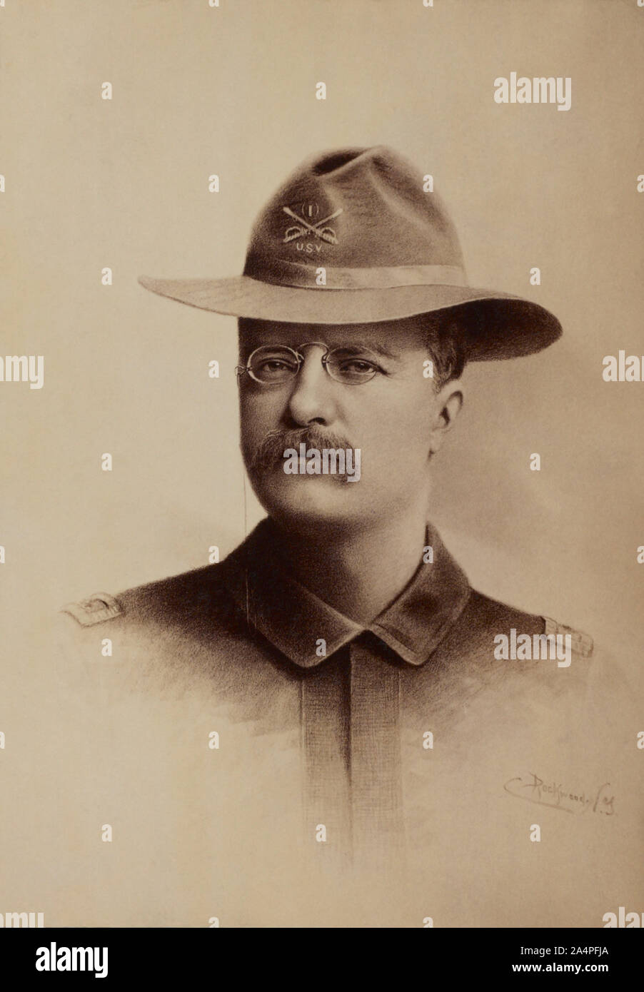 Il colonnello Theodore Roosevelt, testa e spalle ritratto in uniforme militare, George Gardner Rockwood, 1898 Foto Stock