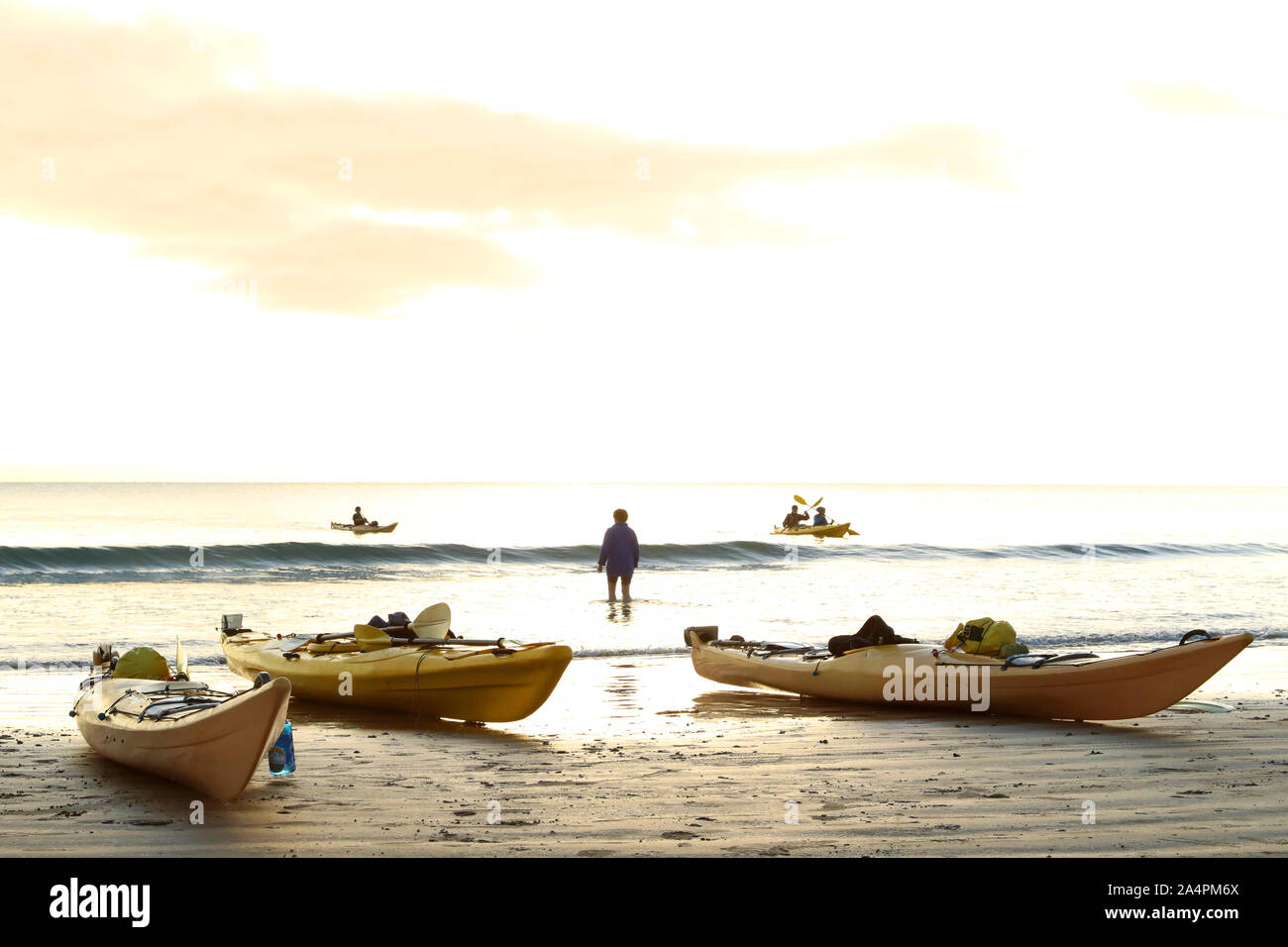 Ecoturismo con ocean canoe kayak su una spiaggia isolata al tramonto. piccole onde ed ambientalmente sostenibile turisti paddling in riva a. Viaggiare Foto Stock