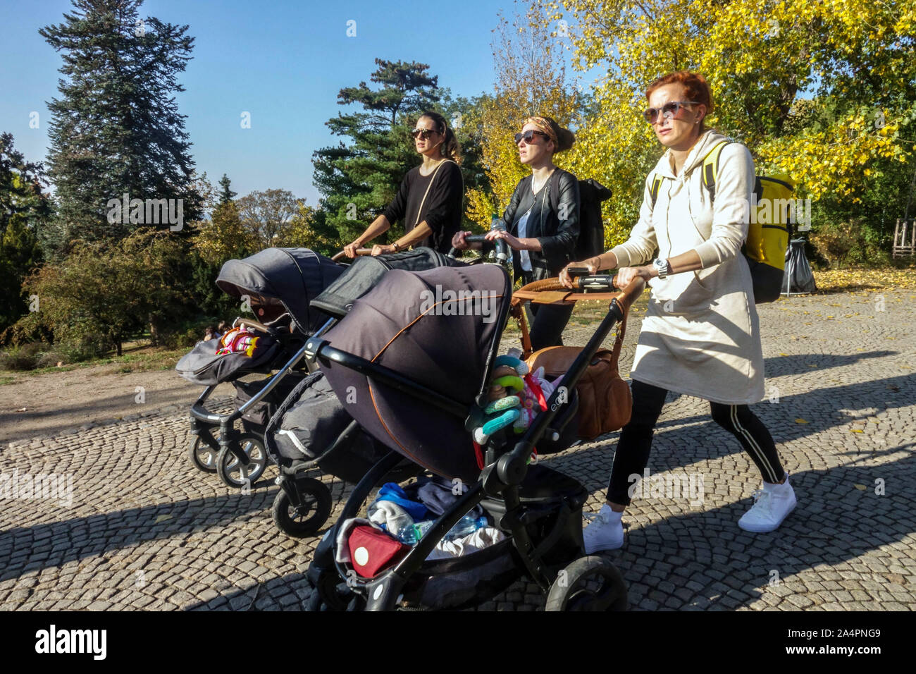 Tre donne con passeggini, donne che camminano nel parco cittadino, passeggiano insieme Riegrovy Sady Praga Repubblica Ceca Europa carrozza passeggino Foto Stock
