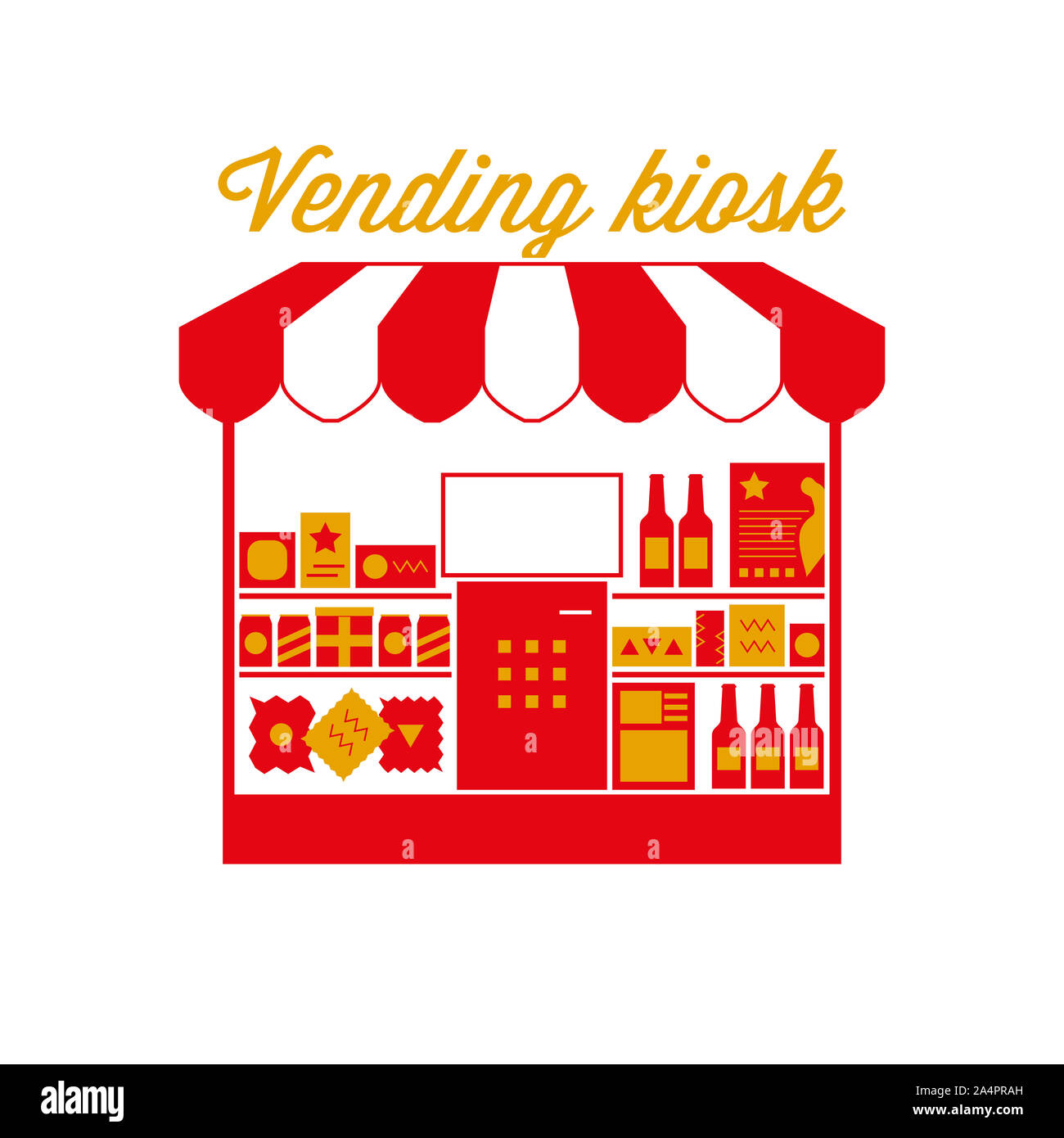 Vending segno Kiosk, emblema. Rosso e bianco striato tenda tenda. Cibo e bevanda icona Storefront. Oro e Rosso. Figura piana. Foto Stock