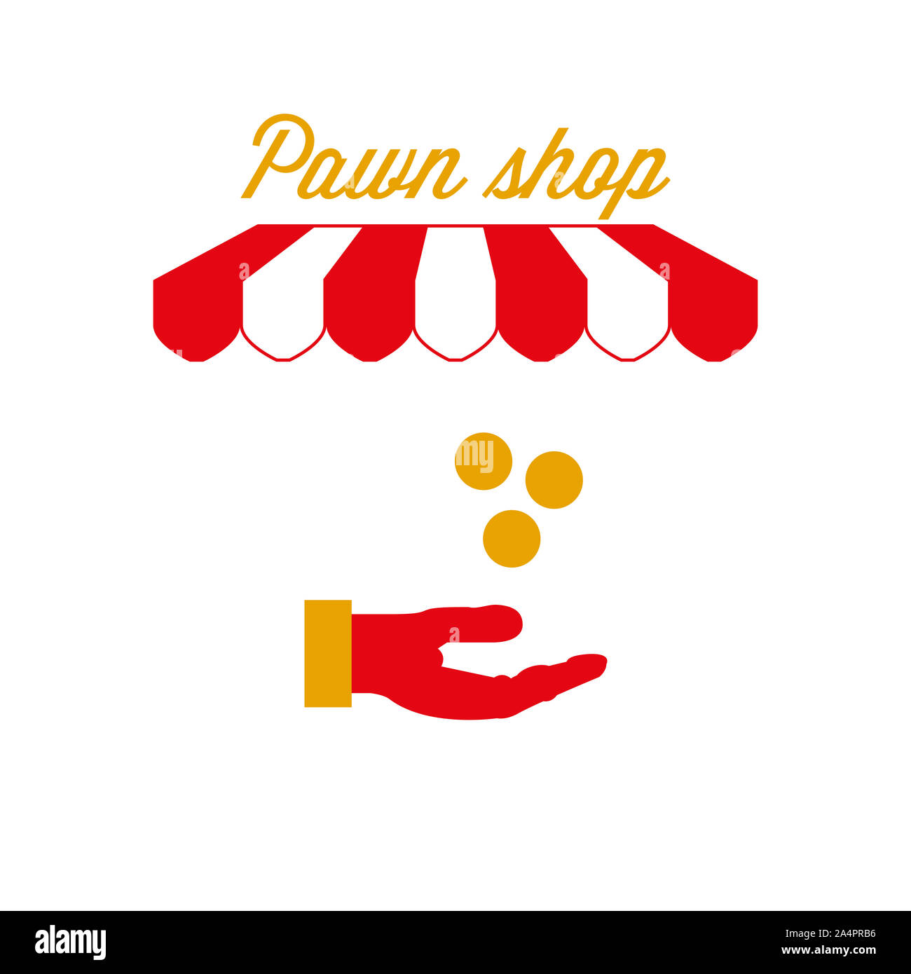 Pawnshop segno, emblema. Rosso e bianco striato tenda tenda. Le catture a mano la caduta delle monete icona. Oro e Rosso. Figura piana. Foto Stock