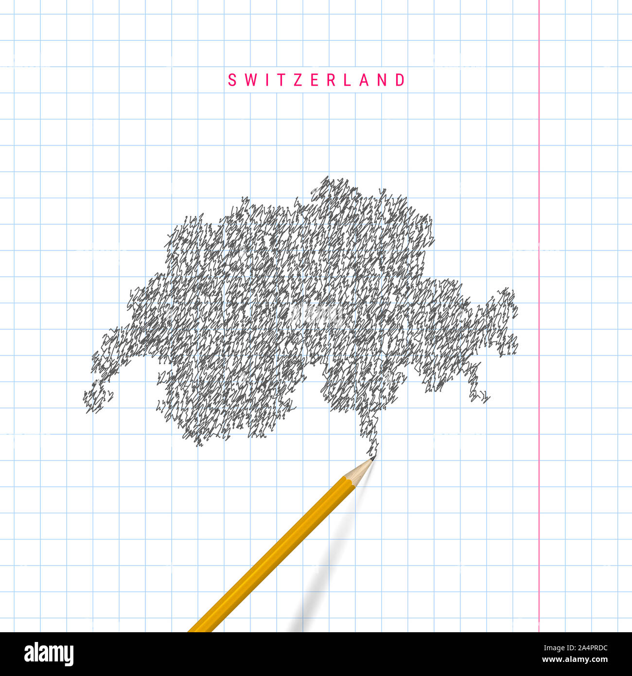 La Svizzera schizzo scribble mappa tracciata sulla scuola a scacchi notebook lo sfondo della carta. Disegnata a mano cartina della Svizzera. 3D realistiche matita. Foto Stock