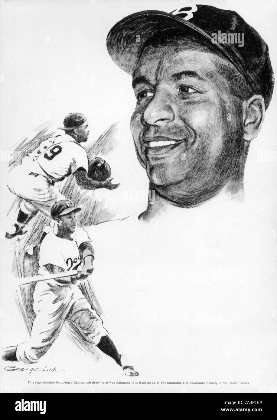 Disegno di baseball leggendario Brooklyn Dodger catcher Roy Campanella dall'artista George Loh. Foto Stock