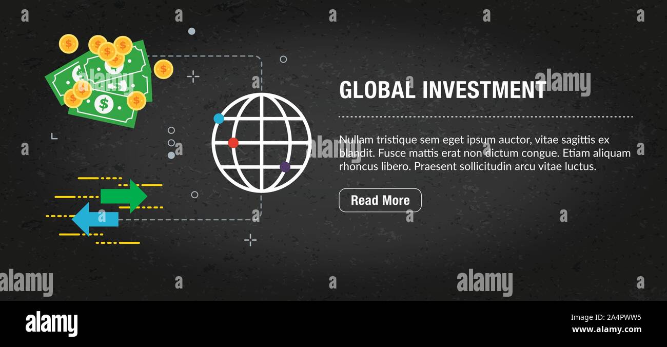 Global Investment concetto banner internet con le icone nel vettore. Banner Web template per sito, banner internet per la progettazione di mobili e social media ap Illustrazione Vettoriale