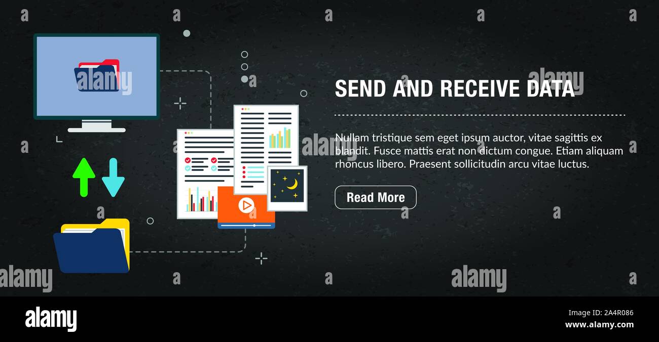Inviare e ricevere dati, banner internet con le icone nel vettore. Banner Web template per sito, banner internet per la progettazione di mobili e social media app.B Illustrazione Vettoriale