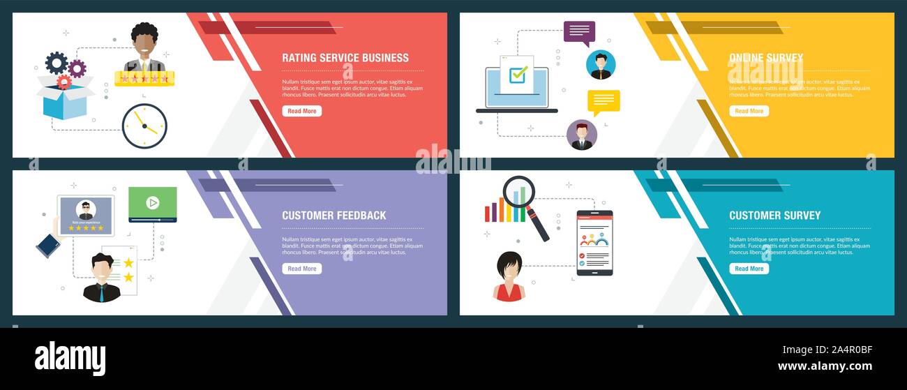 Set di vettore di verticale banner web con rating service business, il sondaggio online, il feedback del cliente e di sondaggio per i clienti. Vector modello di pagina di intestazione per nastri Illustrazione Vettoriale