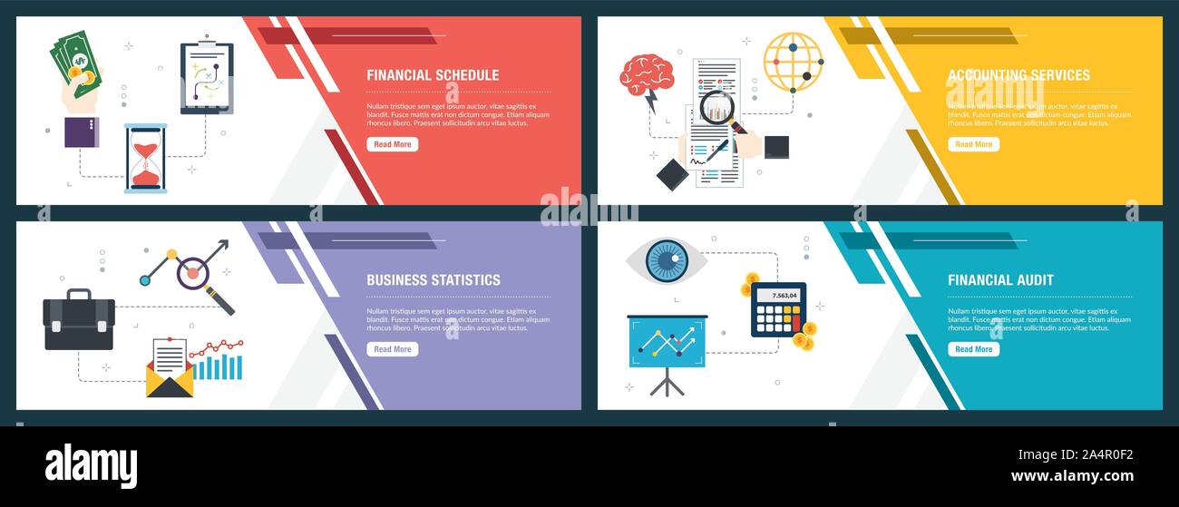 Set di vettore verticale di banner per il web con la pianificazione finanziaria, servizi di contabilità e statistiche commerciali, audit finanziario. Vector modello di pagina di intestazione per nastri Illustrazione Vettoriale