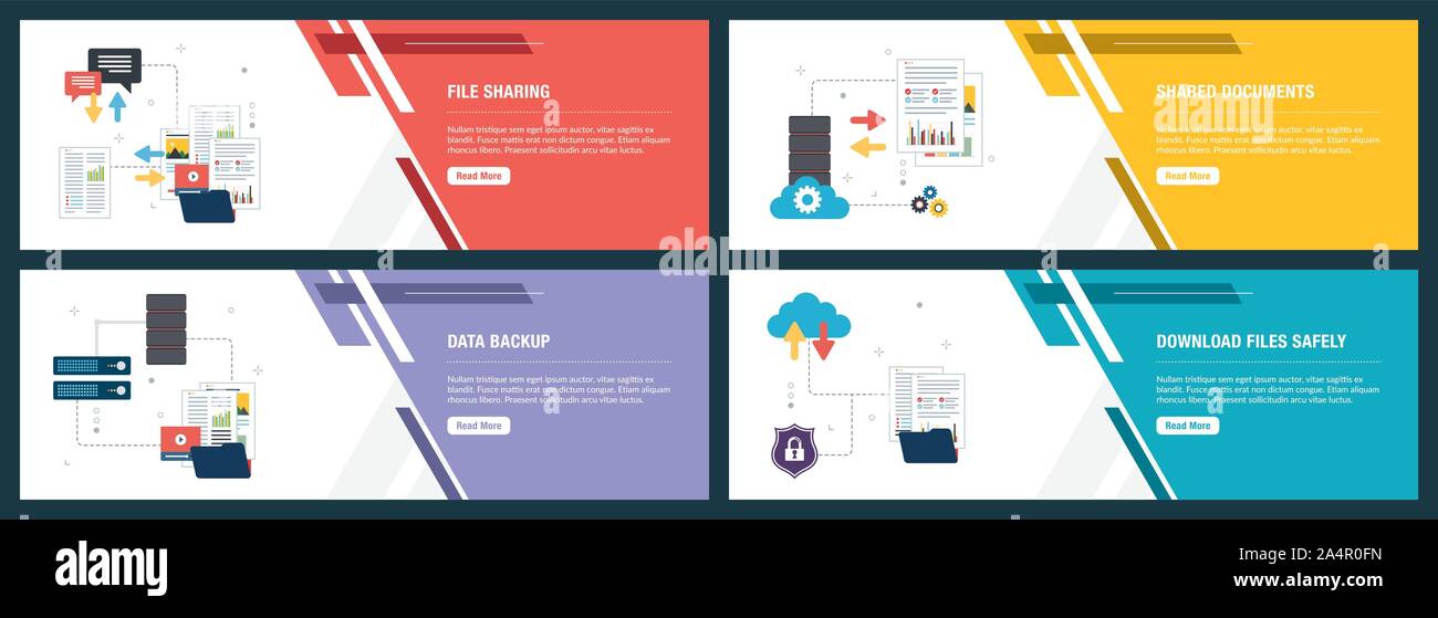 Set di Banner con icone per internet su siti web o modelli di app con la condivisione di file, documenti condivisi, backup di dati e di scaricare file in modo sicuro. La tecnologia Illustrazione Vettoriale