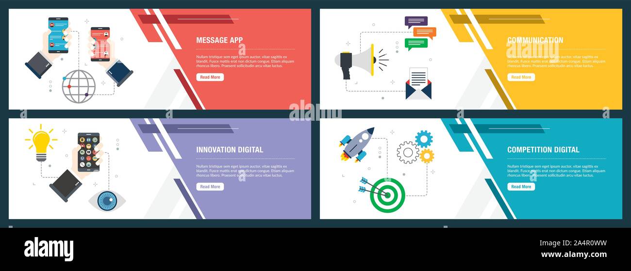 Set di vettore verticale di banner per il web con il messaggio app, comunicazione, innovazione digitale, concorrenza digitale. Vettore modello di banner per il sito web e mo Illustrazione Vettoriale