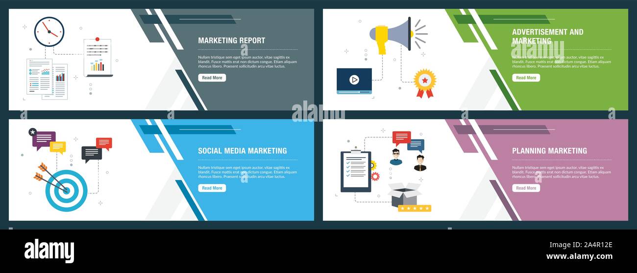 Set di Banner con icone per internet su siti web o app con i modelli di report di marketing, pubblicità e il marketing, il social media marketing, pianificazione m Illustrazione Vettoriale