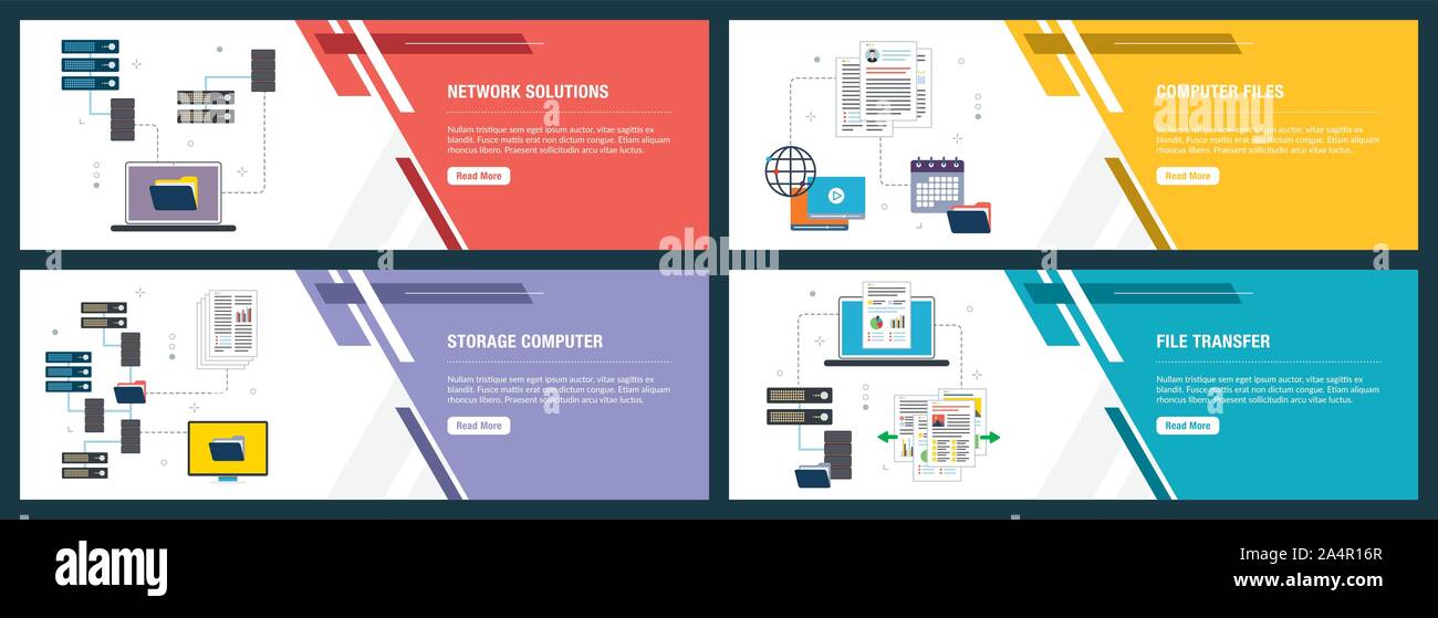 Set di vettore di verticale banner web con le soluzioni di rete, file di computer, computer di memorizzazione e trasferimento di file. Vettore modello di banner per il sito web e Illustrazione Vettoriale