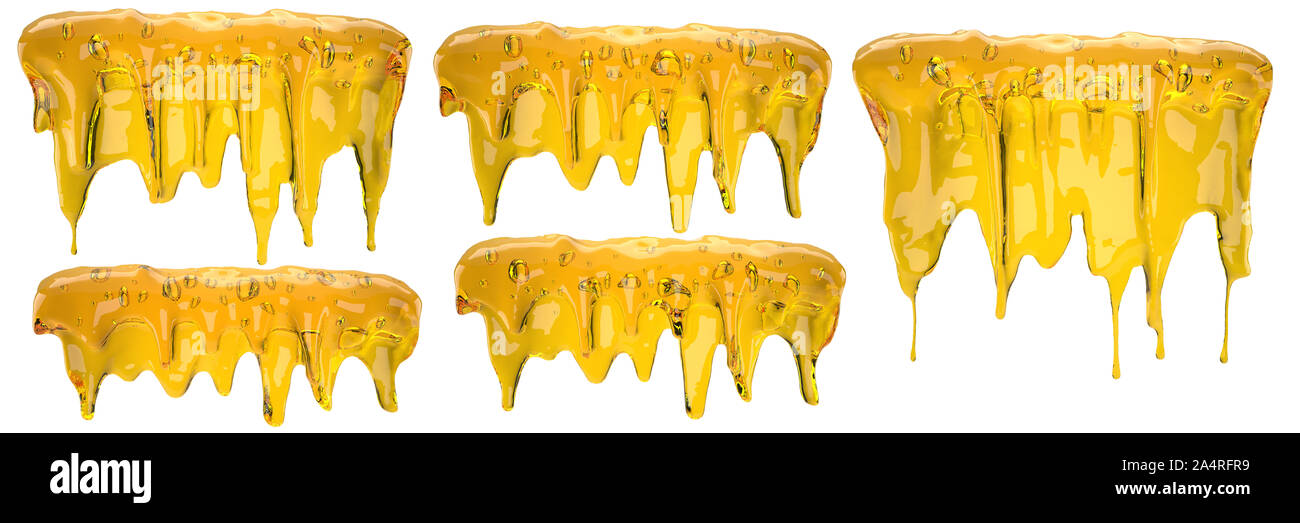 3d illustrazione del liquido giallo modello di gocciolamento per il miele, olio vegetale, tè, motore liquido o siero isolato su sfondo bianco con ritaglio di p Foto Stock