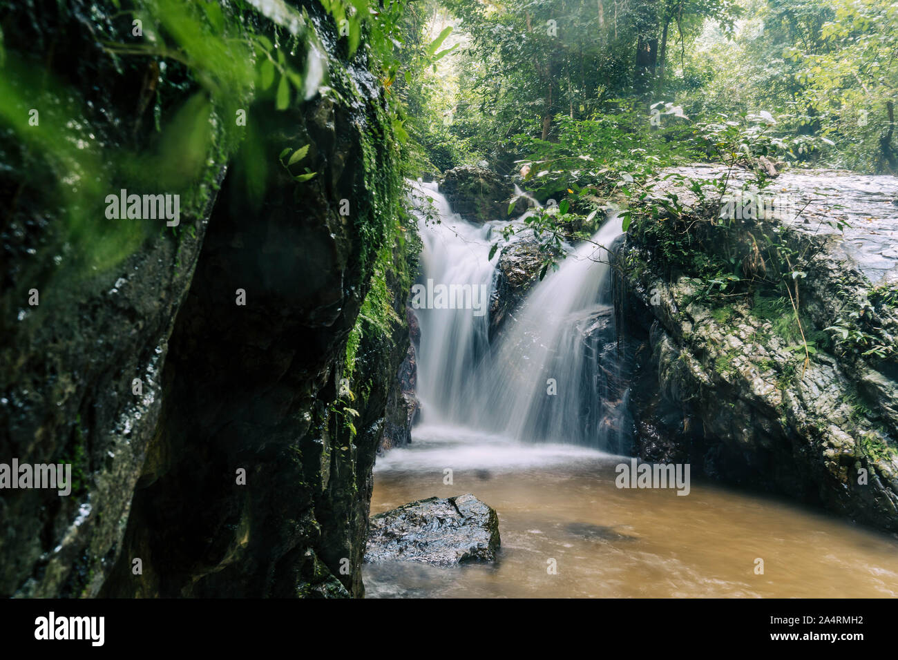 Una piccola e splendida cascata nella foresta Foto Stock