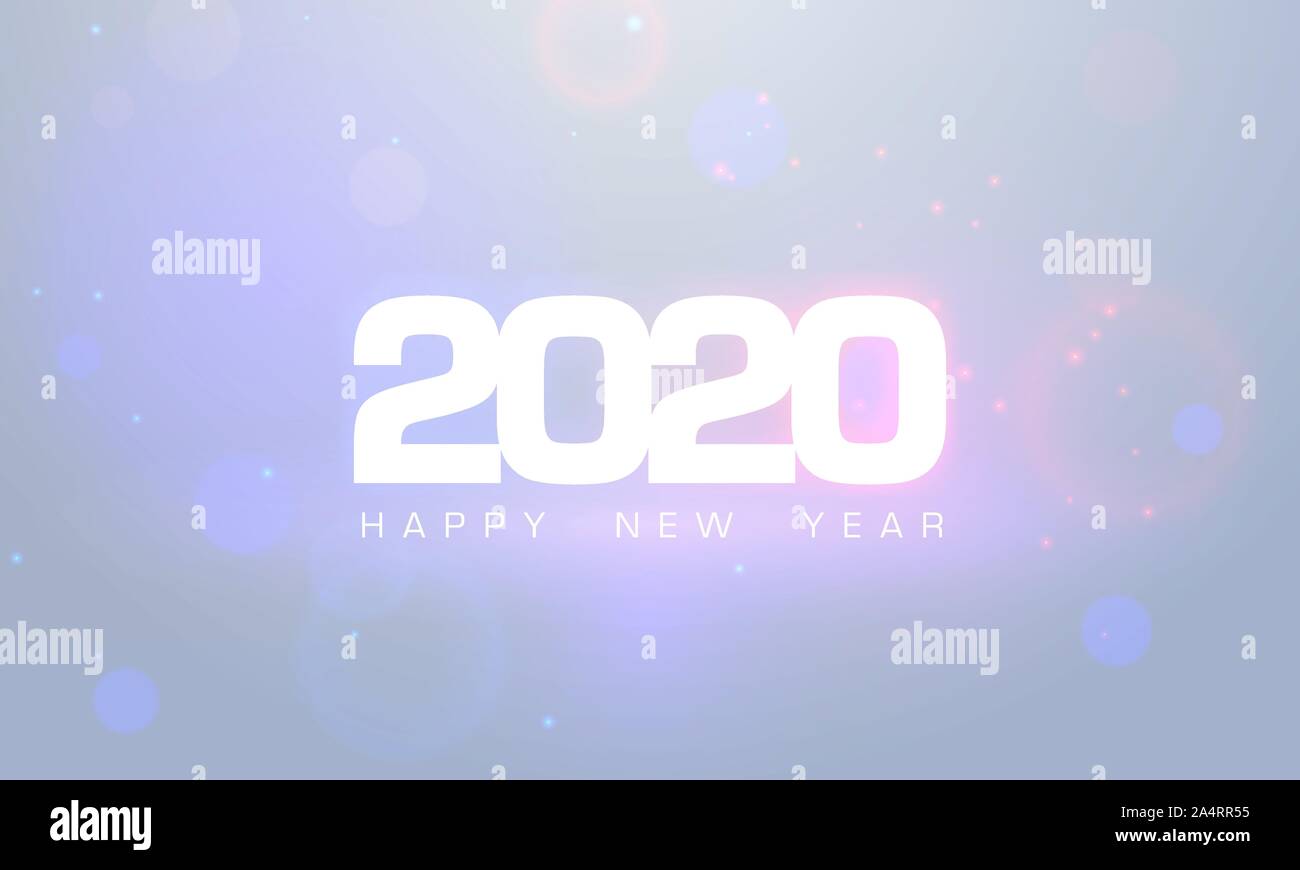 2020 Felice Anno Nuovo testo bagliore design. Biglietto di auguri per il 2020 con auguri. Brochure del modello di progettazione, poster, striscioni o flyer. Vettore fuochi d'artificio bianco Illustrazione Vettoriale