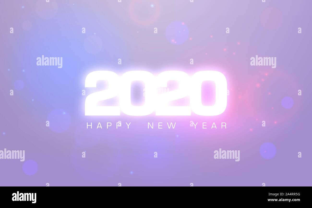 2020 Felice Anno Nuovo testo bagliore design. Biglietto di auguri per il 2020 con auguri. Brochure del modello di progettazione, poster, striscioni o flyer. Vettore fuochi d'artificio bianco Illustrazione Vettoriale