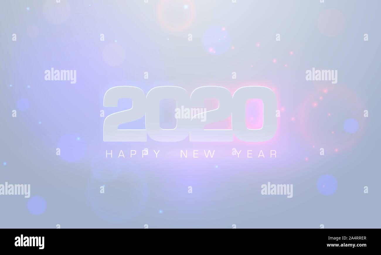 2020 Felice Anno Nuovo testo bagliore design. Biglietto di auguri per il 2020 con auguri. Brochure del modello di progettazione, poster, striscioni o flyer. Vettore fuochi d'artificio bianco Illustrazione Vettoriale