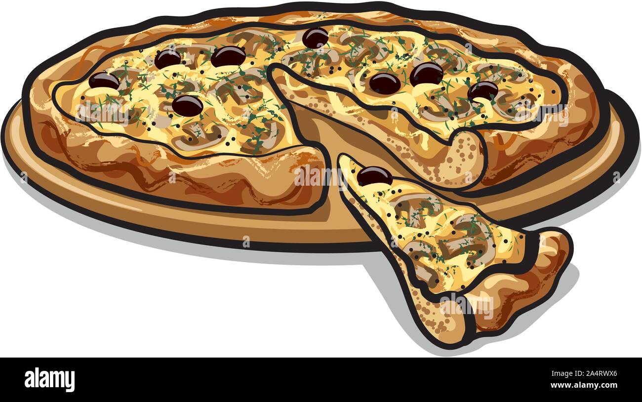 Pizza con funghi e olive e formaggio Illustrazione Vettoriale