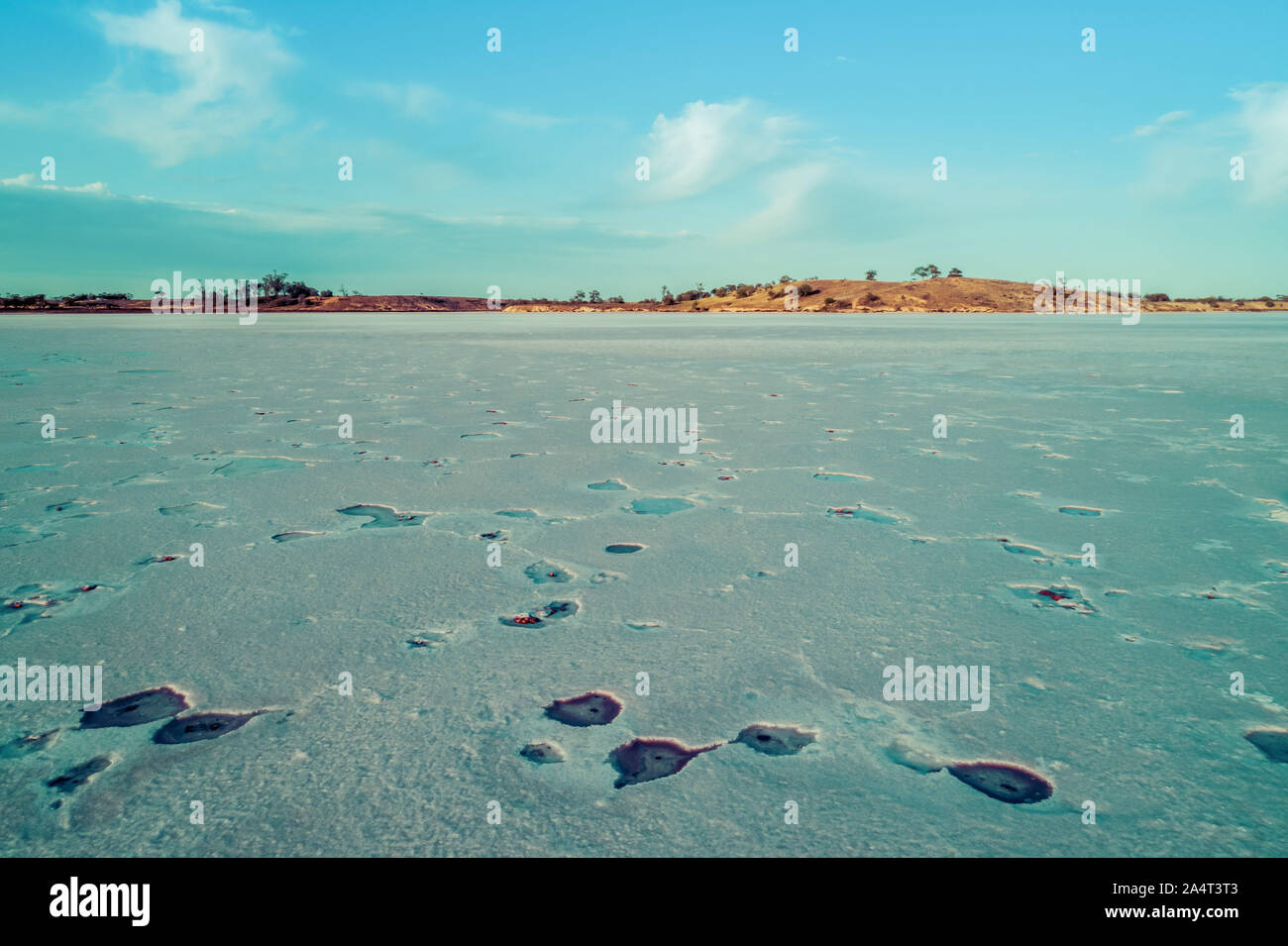 Patch di crosta di sale sulla superficie del lago nel deserto australiano Foto Stock