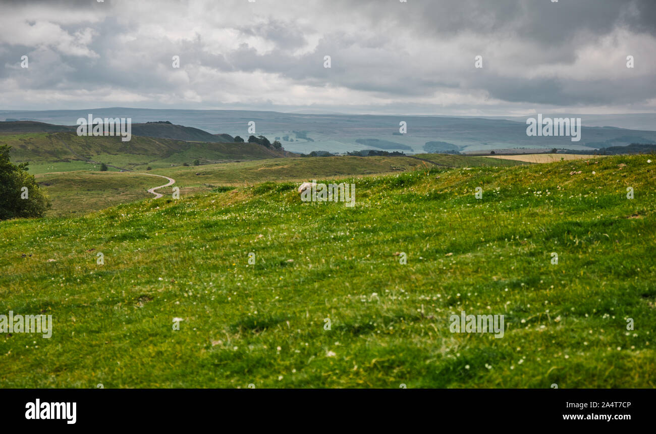 Paesaggio dal Housesteads Roman Fort il vallo di Adriano, Northumberland, Inghilterra Foto Stock