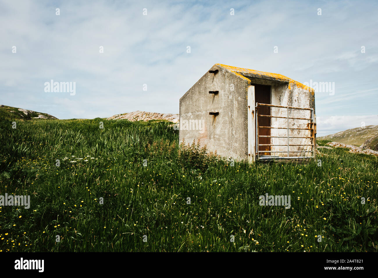 Pecore shelter in remoto Hushinish, Isle of Harris, Ebridi Esterne, Scozia Foto Stock