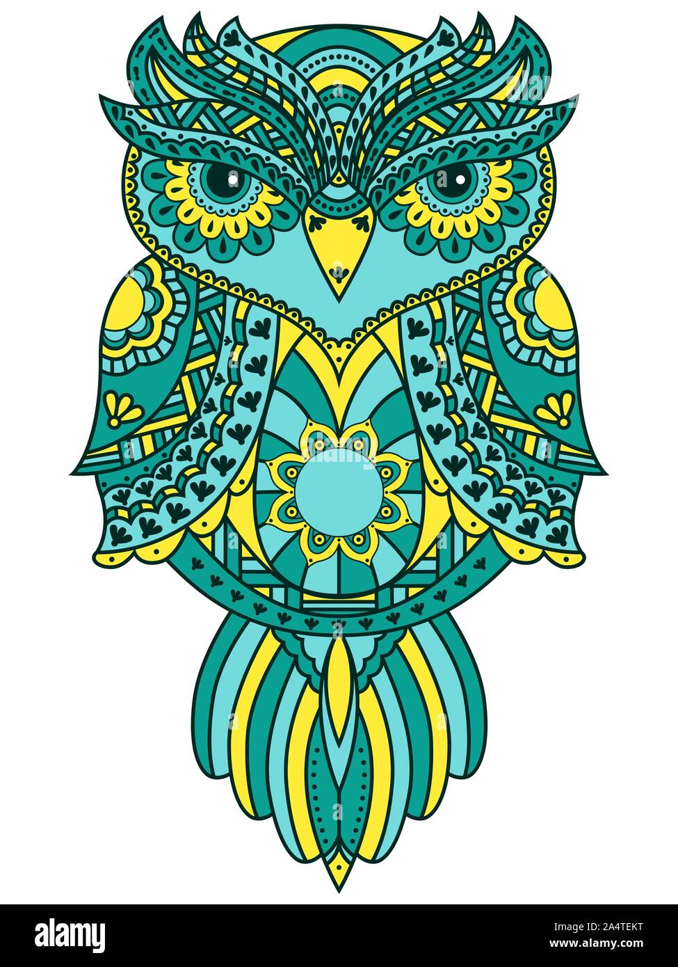 Grave il Gufo grande con occhi grandi e vari pattern in turchese, colori blu e giallo isolato su uno sfondo bianco, cartoon illustrazioni vettoriali Illustrazione Vettoriale