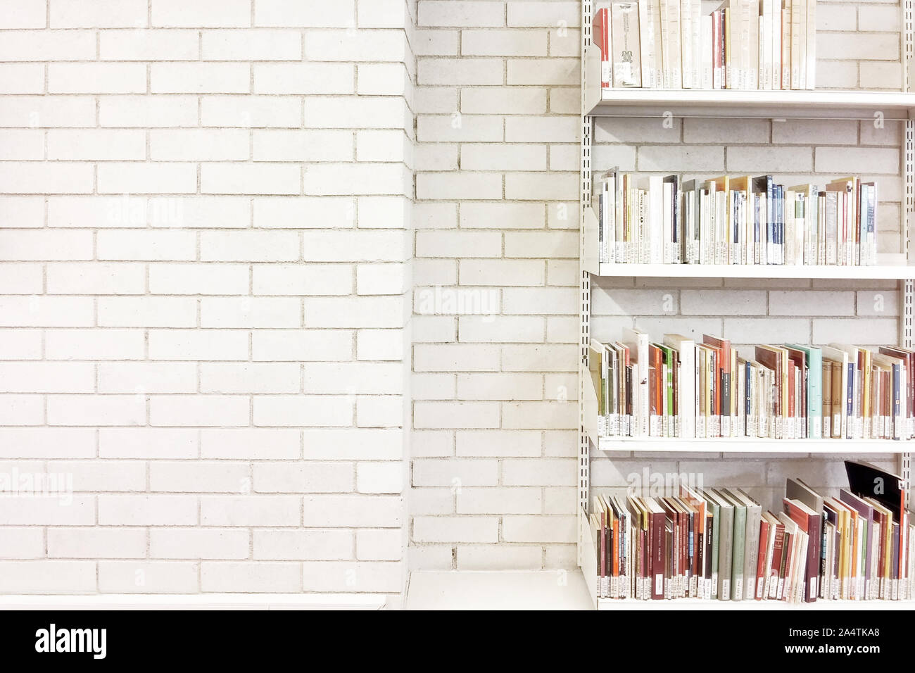 Barcellona, 29 marzo: ampia libro scaffali contro un bianco muro di mattoni in una libreria di Marzo 29, 2016 a Barcellona Foto Stock
