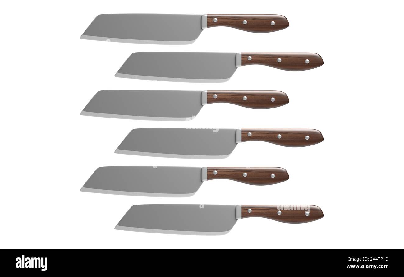 Coltelli da cucina impostare Santoku vegetali giapponese con manico in legno intaglio isolato contro uno sfondo bianco. 3d illustrazione Foto Stock
