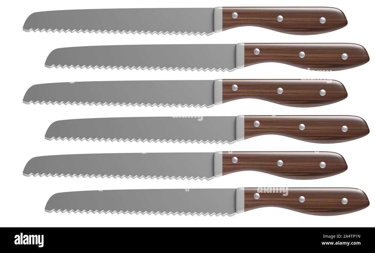 Cucina pane set di coltelli con manico in legno intaglio isolato contro uno sfondo bianco. 3d illustrazione Foto Stock
