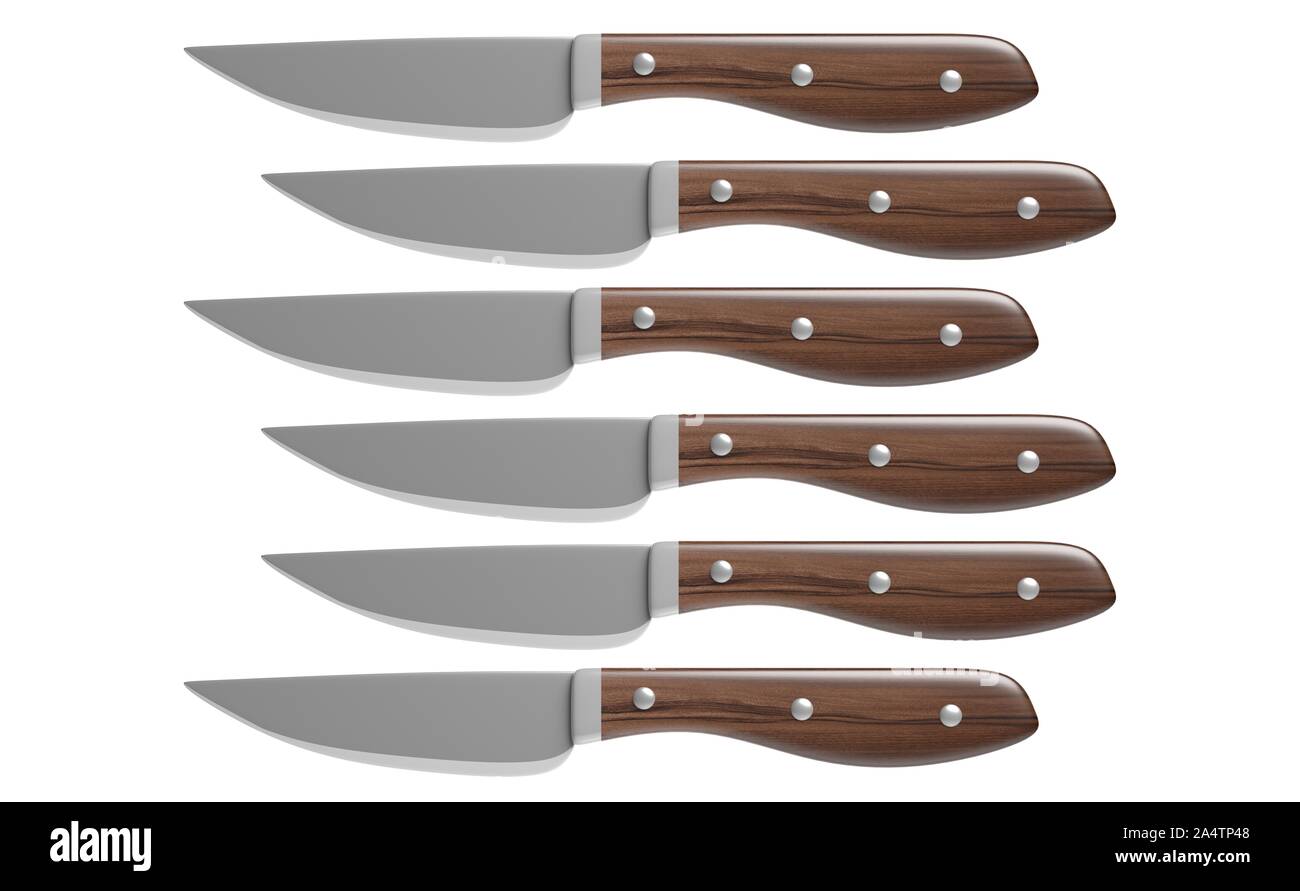 Chef set di coltelli di metallo, acciaio inossidabile isolato intaglio contro uno sfondo bianco. Coltello da cucina con manico in legno e i rivetti. 3d illustrazione Foto Stock