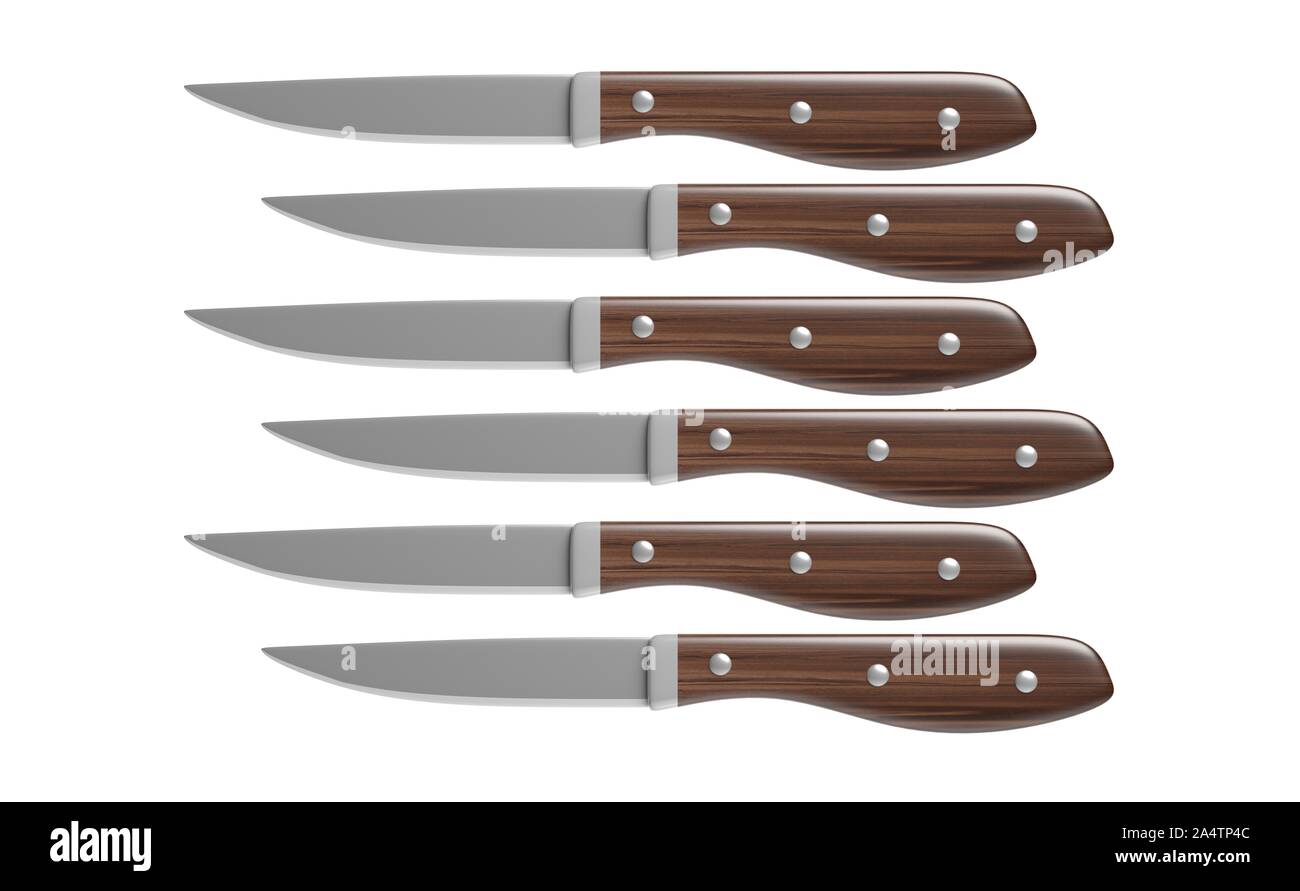 Coltelli da cucina set utility, girando con impugnatura in legno intaglio isolato contro uno sfondo bianco. 3d illustrazione Foto Stock