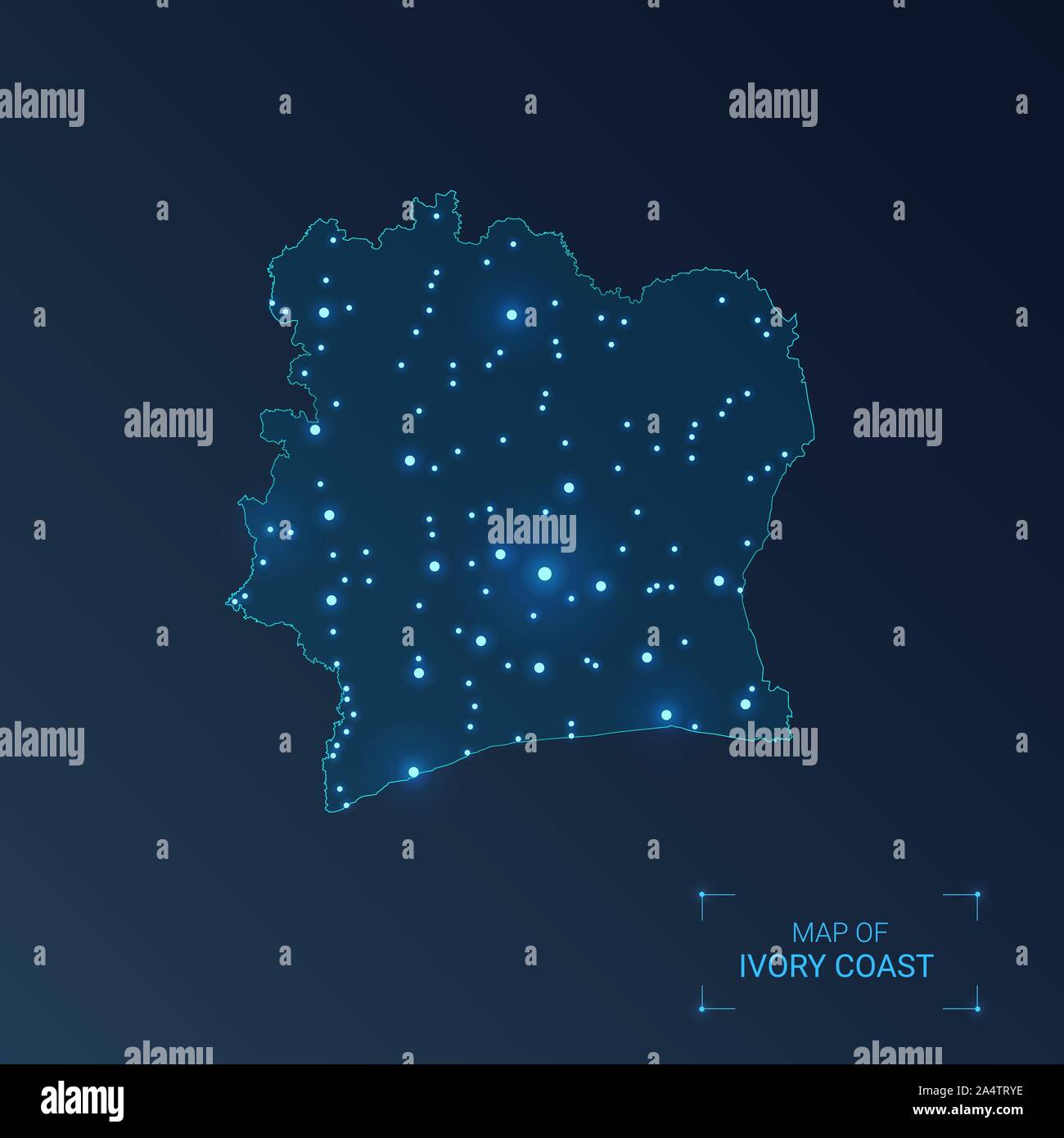 La Costa d Avorio mappa di città. Punti luminosi - luci al neon su sfondo scuro. Illustrazione Vettoriale. Illustrazione Vettoriale