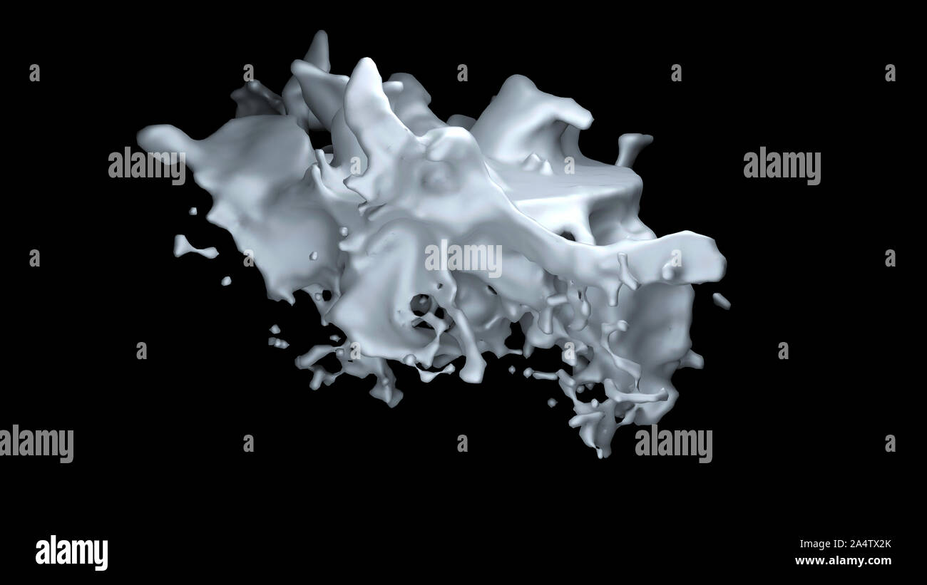 Il computer ha generato un oggetto simile ad un coagulo di latte o di un liquido bianco con molti spray, isolata su uno sfondo nero. Il rendering 3D Foto Stock