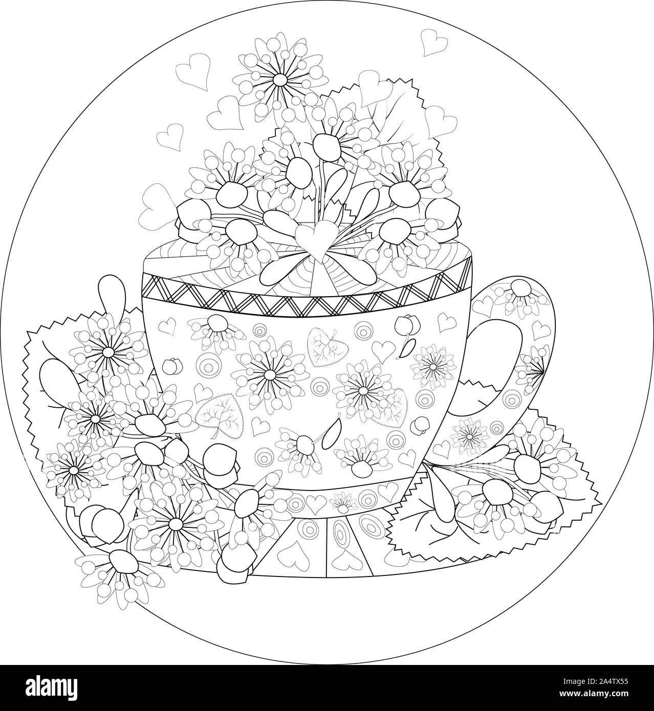 Disegnare a mano libro da colorare per adulto. Teatime. Tazze di tè, frutta  e fiori Foto stock - Alamy
