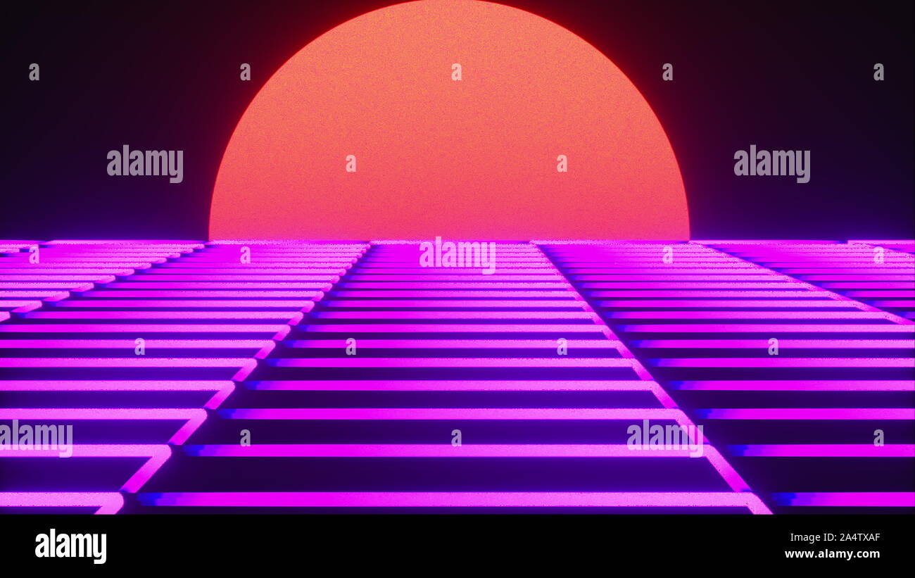 Neon futuristico paesaggio di 80 s. Generata da computer sun futuristica in stile retrò. Rendering 3D sfondo astratto. Foto Stock