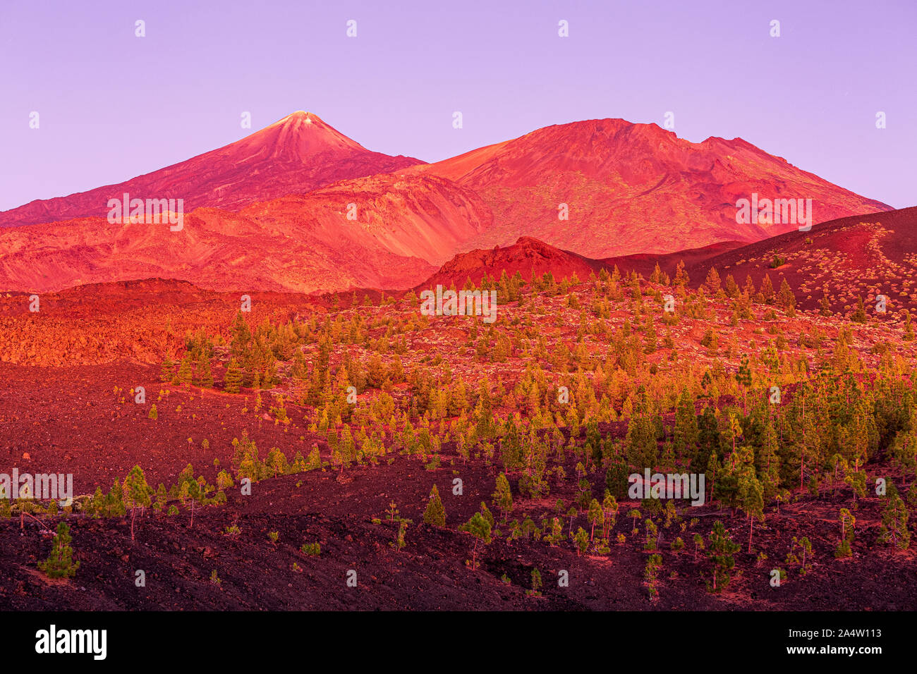 Vulcano Teide e il Pico Viejo, vecchio picco brillare rosso nel crepuscolo dopo il tramonto visto dalla montagna di Samara, Tenerife, Isole Canarie, Spagna Foto Stock