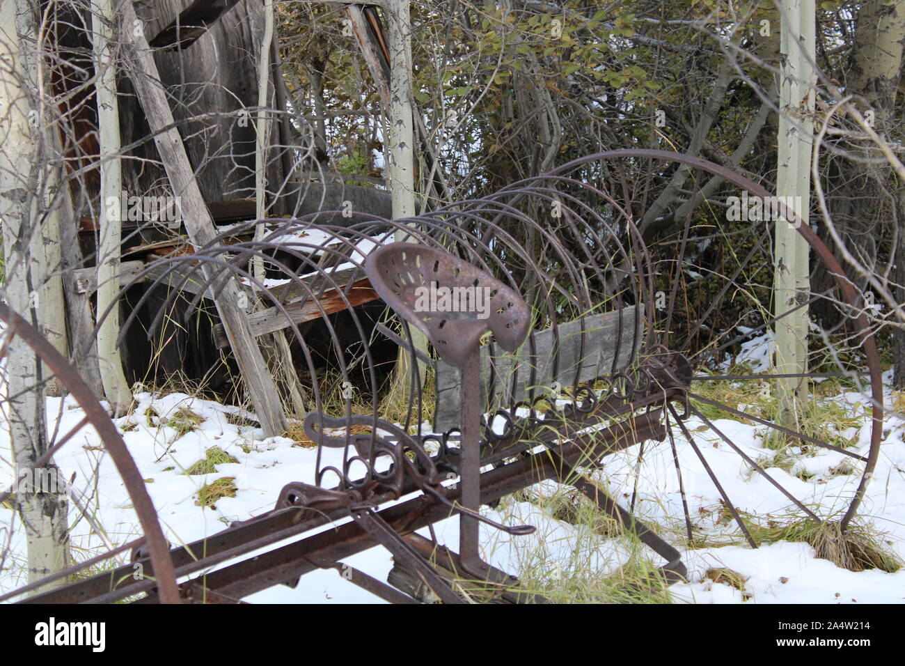 Vecchia fattoria homesteading apparecchiature nelle montagne rocciose del nord Foto Stock